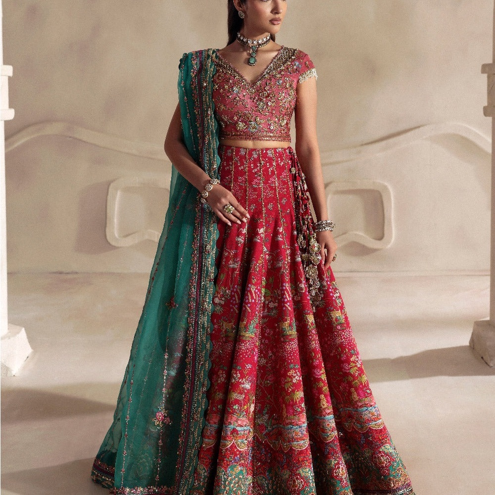 Republic Embellished Pink and Red Lehenga Choli green duppatta